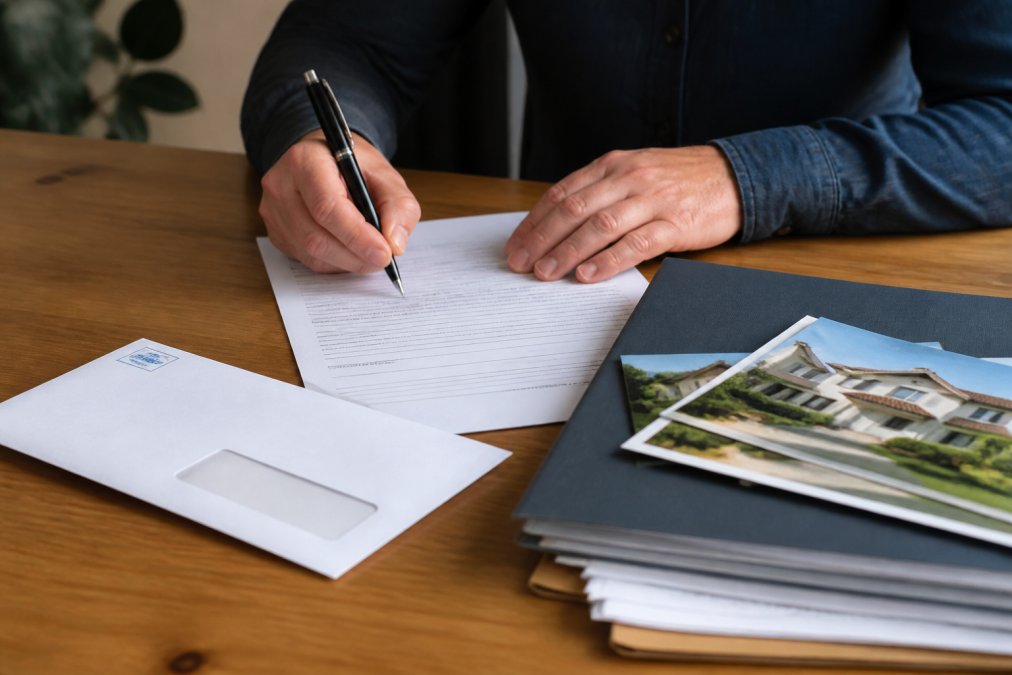 Gros plan d'une personne remplissant un formulaire de résiliation sur un bureau en bois naturel, avec stylo noir, enveloppe recommandée blanche, et dossiers immobiliers visibles