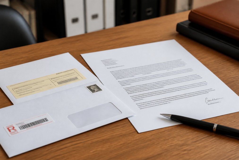 Vue d'une lettre de résiliation officielle imprimée en noir et blanc, enveloppe recommandée blanche avec timbre postal visible, accusé de réception, et stylo noir posés sur un bureau professionnel en bois
