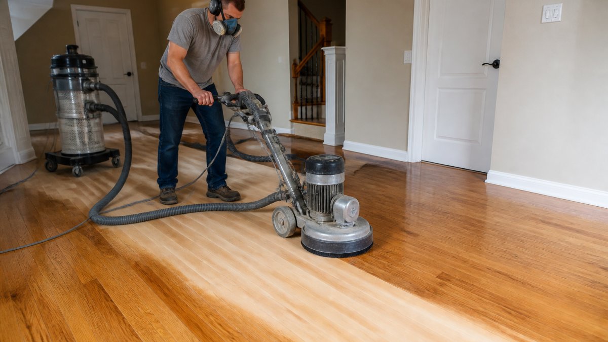 Professional demonstrating dust-free hardwood floor refinishing with vacuum-assisted sanding equipment capturing wood dust in real-time on a residential hardwood floor