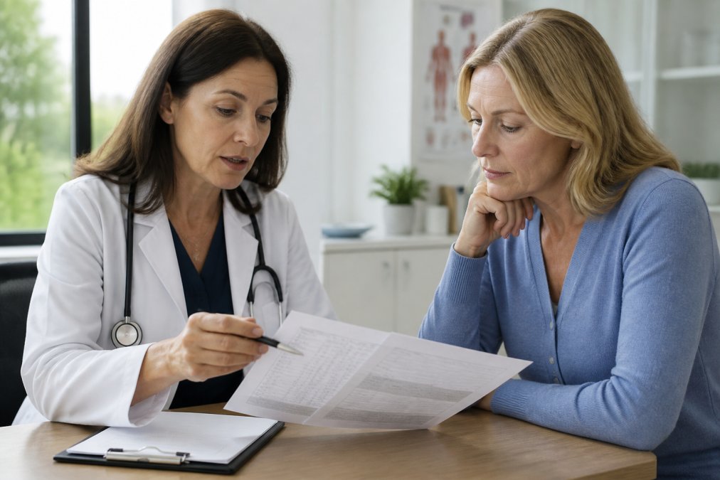 Healthcare professional reviewing detailed hormone lab results and metabolic data with patient in clinical setting, both examining printed reports and discussing findings at desk with natural window lighting