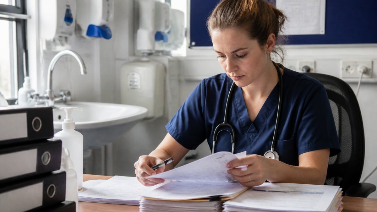 Professional healthcare worker reviewing patient records and documentation at a desk, showing careful attention to detail and proper record-keeping in a modern clinical setting