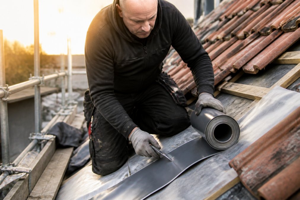 Close-up van een dakdekker die een rol bladlood uitrolt en op maat snijdt op een hellend dak tijdens een renovatieproject, met zichtbare dakpannen en ochtendlicht