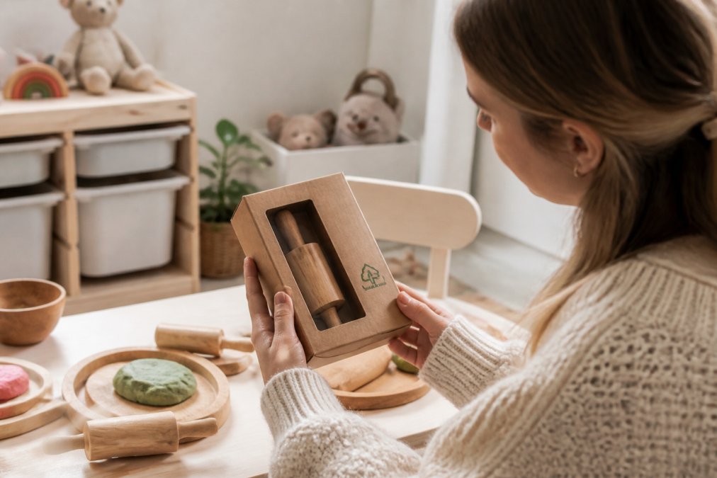Ouder bekijkt het FSC-keurmerk op de verpakking van duurzaam houten speelgoed in een lichte kinderkamer