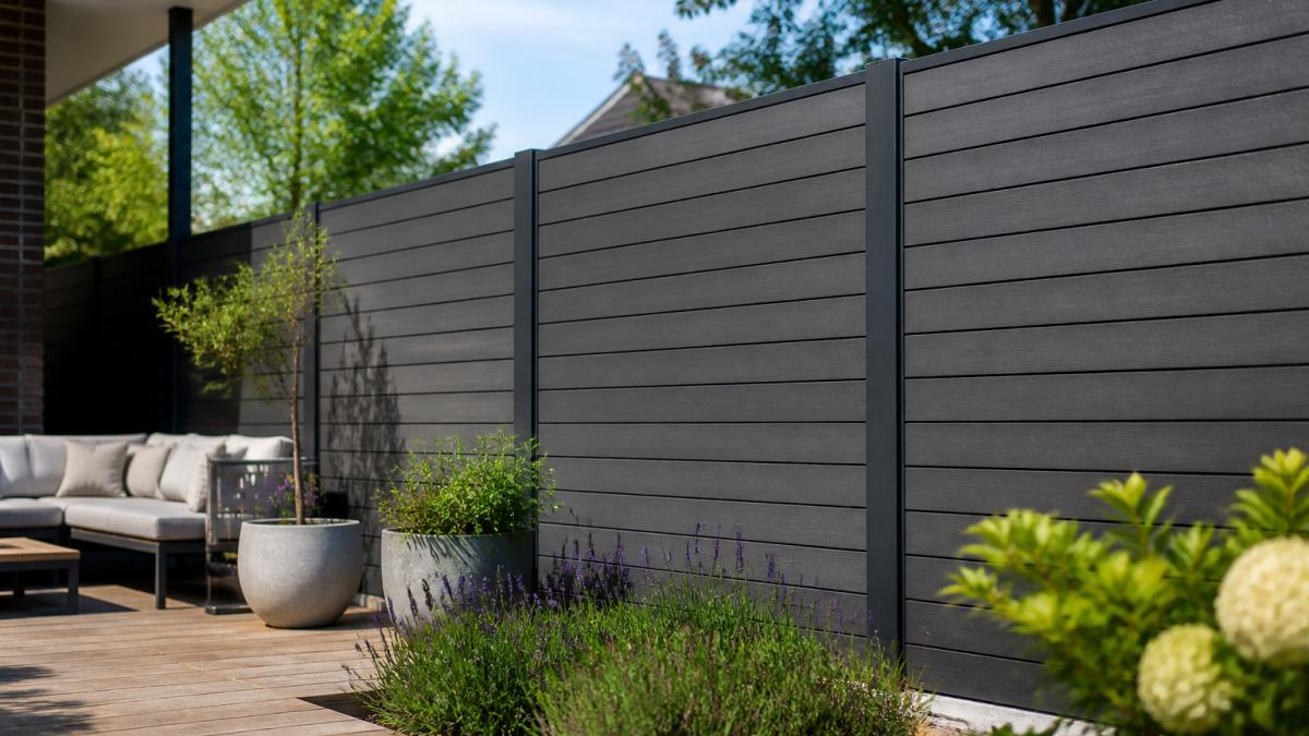 Moderne tuin met een antracietkleurige composiet schutting in zonlicht, schutting glimmend schoon zonder zichtbare beschadigingen, houten terras op achtergrond