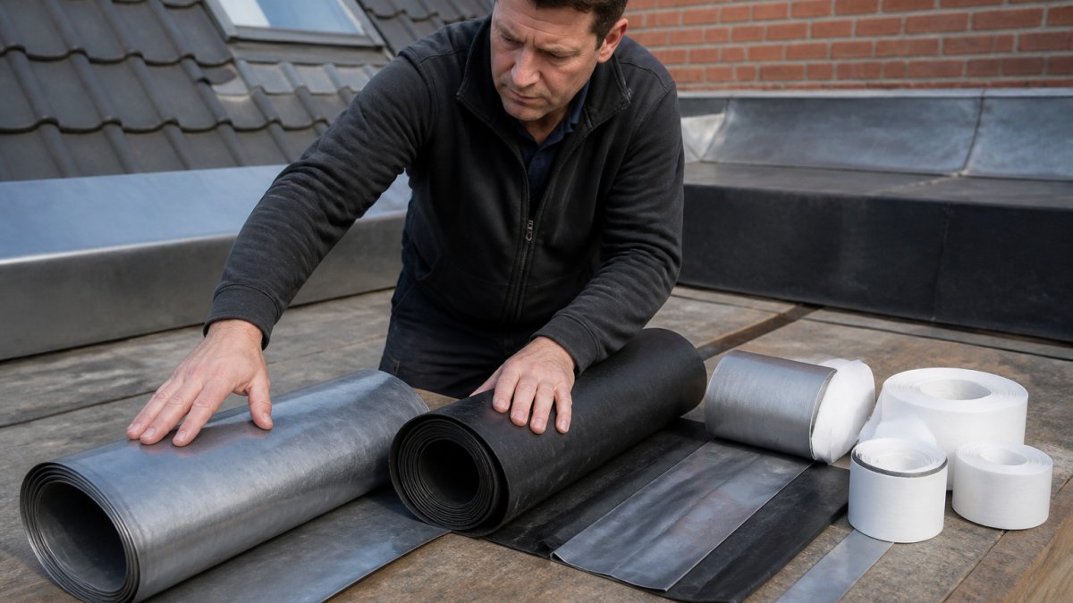 Professionele dakdekker toont verschillende afdichtingsmaterialen naast elkaar op werkblad: rollen zink, EPDM-rubber, kunststof afdichtingsbanden en traditioneel lood onder daglicht