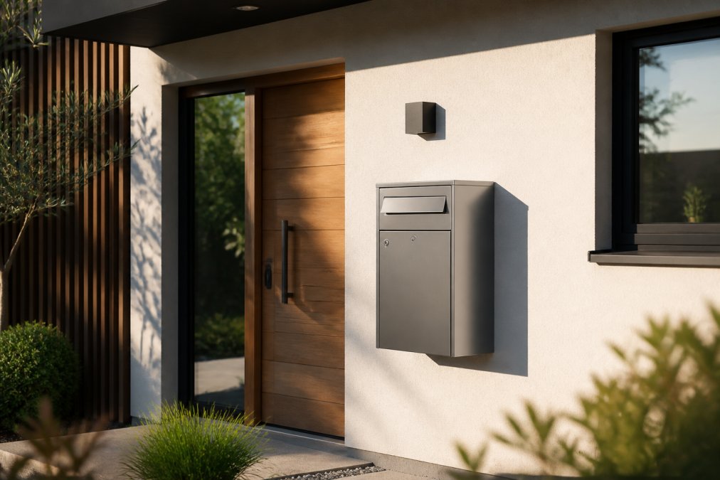 Gerenoveerde moderne gevel met elegante gegalvaniseerde pakketbrievenbus met pakketvak gemonteerd naast voordeur in warm zonlicht, schaduw van dakrand op gevel