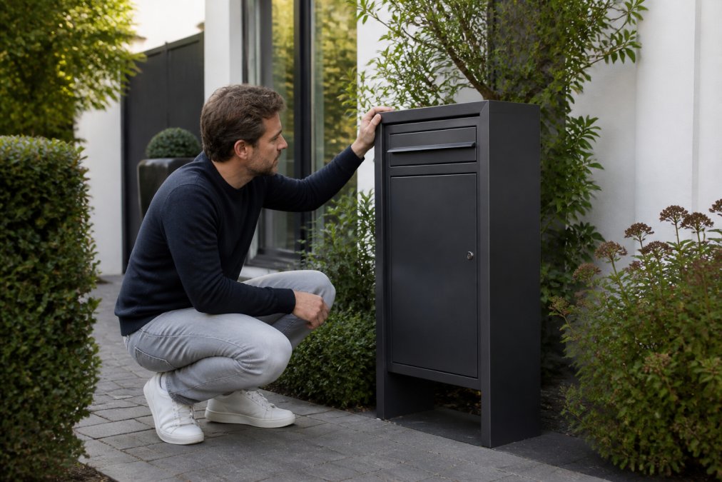 Huiseigenaar inspecteert een luxe pakketbrievenbus bij zijn voortuin, met aandacht voor het design en de afwerking, moderne tuinomgeving op de achtergrond