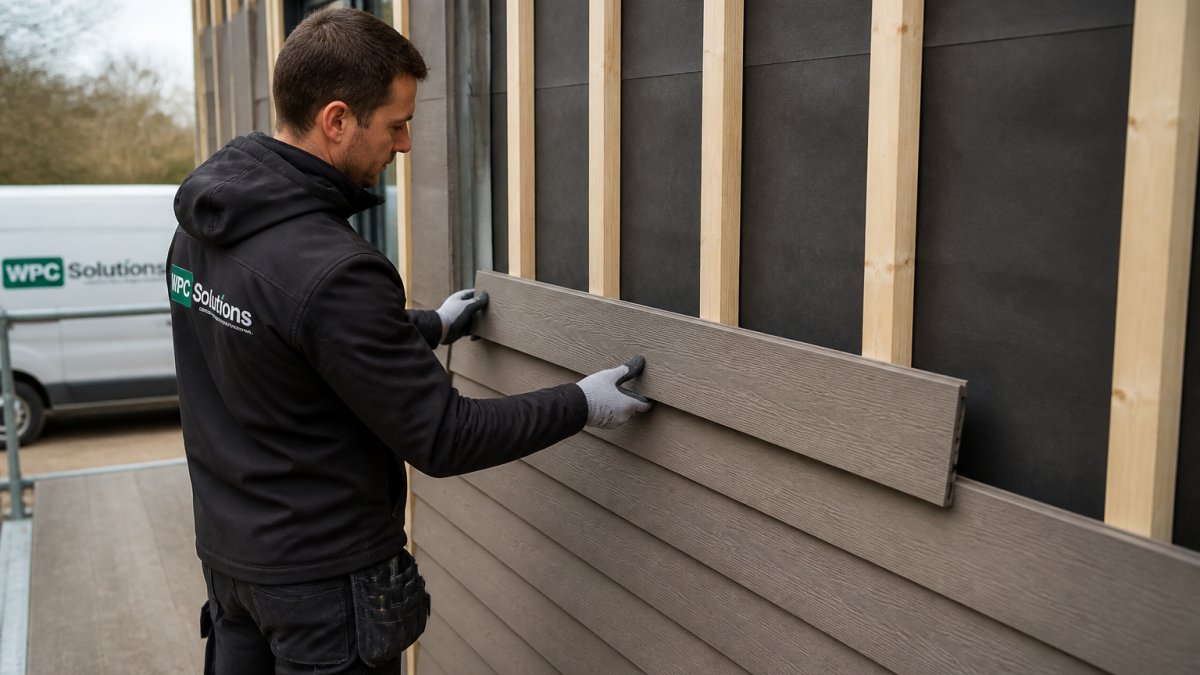 Vakman die composiet rabatdelen horizontaal monteert op verticale houten rachels aan een houtskeletbouwgevel, met zichtbare ventilatiespouw erachter