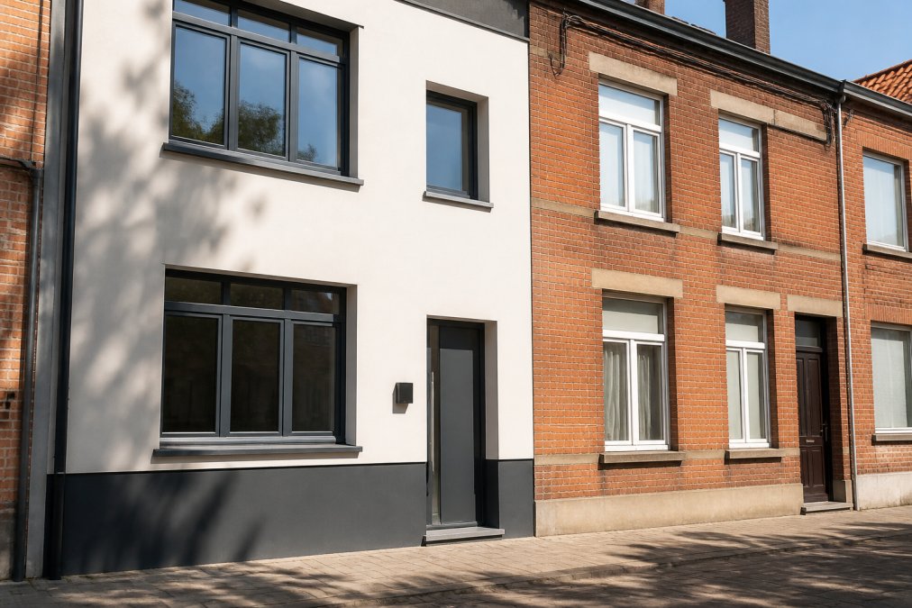 Gerenoveerde woning met zichtbare duurzame gevelisolatie afwerking, contrast met ongeïsoleerde gevel van buurpand, daglicht op beide gevels