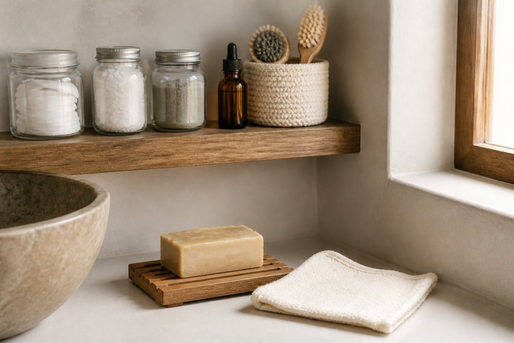 Een minimalistische badkamerplank met glazen potjes, een handgemaakte zeep op een houten zeepbakje en een katoenen washandje, zacht natuurlijk licht door een klein raam