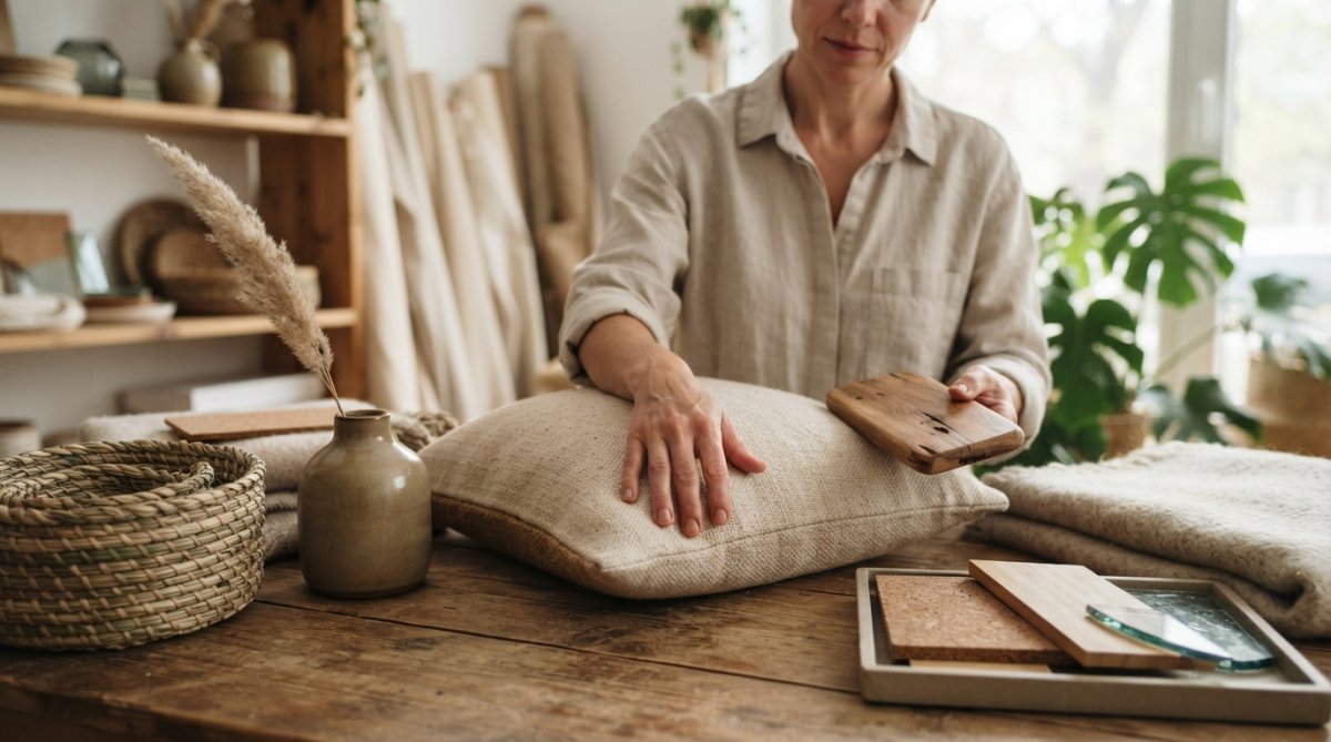 Close-up van duurzame interieuraccessoires materialen: natuurlijk linnen, gerecycled metaal, keramiek en houten objecten netjes gerangschikt op een neutraal oppervlak met zachte verlichting