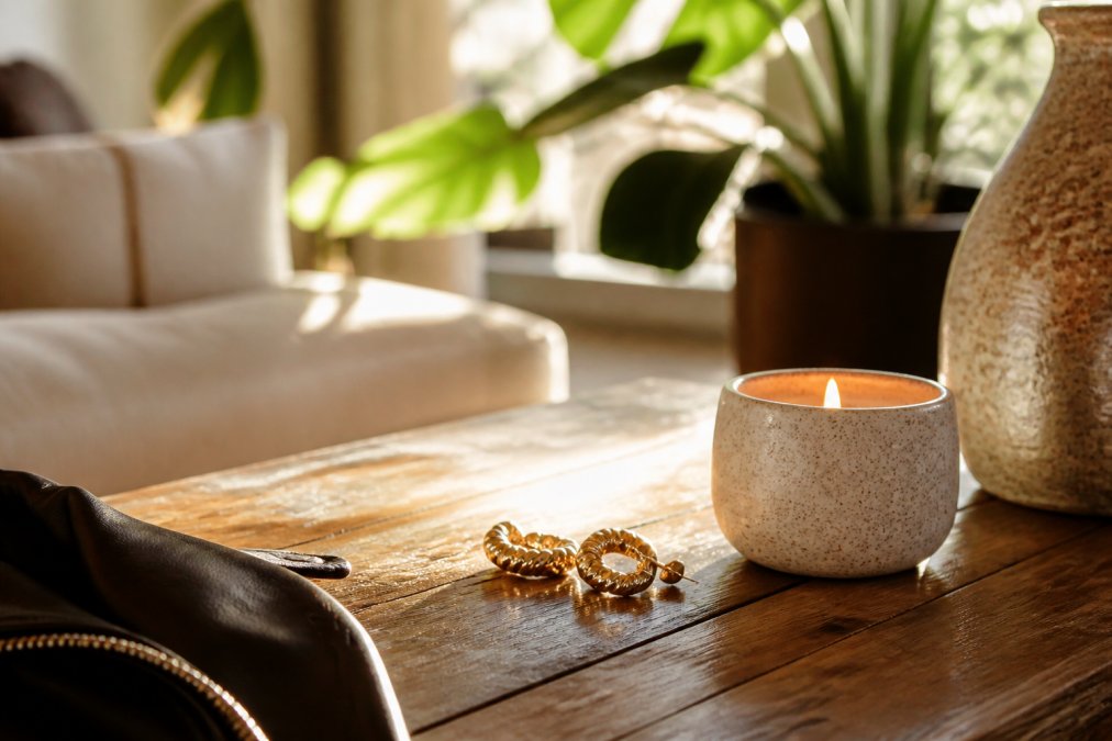 Gezellige thuisscène met duurzame sieraden (gouden oorbellen) zichtbaar op een houten tafel naast een geurkaars in natuurlijke kleur, minimalistisch interieur met groene planten en warm goud licht door een raam