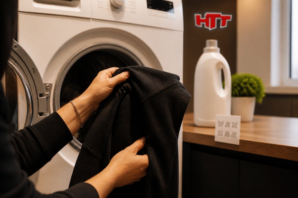 Close-up van iemand die een hoodie binnenstebuiten in een wasmachine legt, wasmiddelfles en waslabel zichtbaar op de achtergrond, zacht keukenlicht
