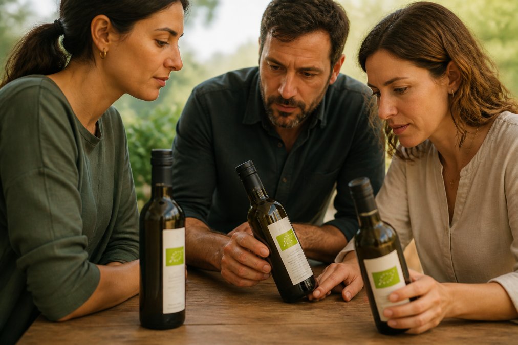 Close-up van drie verschillende olijfolieflessen met het groene EU-biologisch logo zichtbaar op de labels, tegen natuurlijk daglicht op een houten tafel