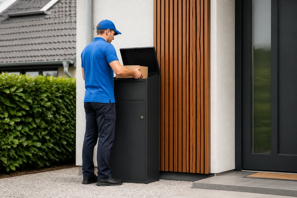 Een stijlvolle, vrijstaande pakketbrievenbus van gegalvaniseerd staal met poedercoating voor een moderne Nederlandse woning, met een pakketbezorger die een pakketje in de brievenbus plaatst