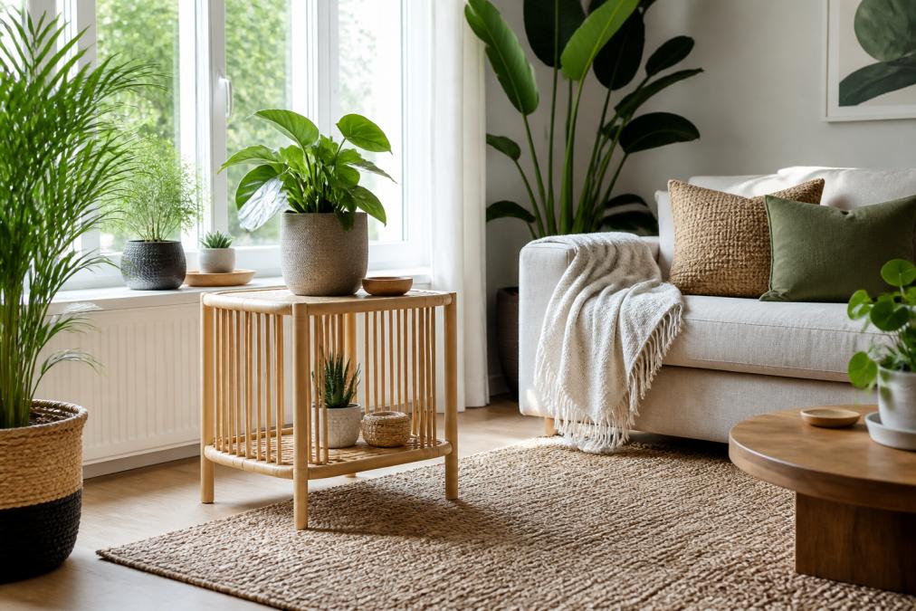 A bright living room with a woven jute rug, bamboo side table, and potted plants, showing sustainable woonaccessoires in a modern Dutch home