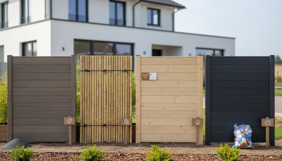 Close-up van een verzorgde nieuwbouwtuin op een zonnige dag, met een moderne hout-betonschutting langs de erfgrens, groene klimplanten die langs de planken omhoog groeien, en een strakke betontegelpad op de voorgrond
