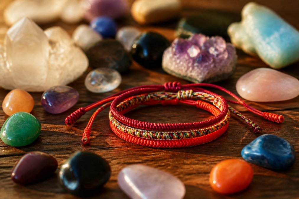 Verzameling van authentieke natuurlijke edelstenen in verschillende kleuren op een houten oppervlak met warm licht dat de details benadrukt