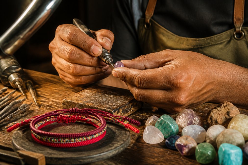 Handen van een ambachtsman die voorzichtig een natuurlijke edelsteen bewerkt met traditionele gereedschappen, met warm werkstudioverlichting