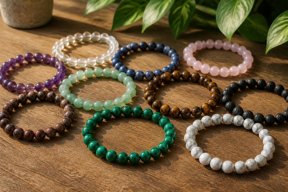 Close-up van meerdere kleurrijke edelstenen armbanden naast elkaar op een houten ondergrond, met zachte natuurlijke belichting die de textuur en kleur van de stenen benadrukt