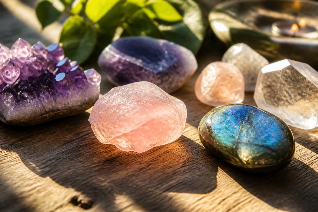 Close-up van diverse authentieke edelstenen zoals amethist, rozenkwarts en labradoriet op een natuurlijke achtergrond, met zonlicht dat door de stenen schijnt