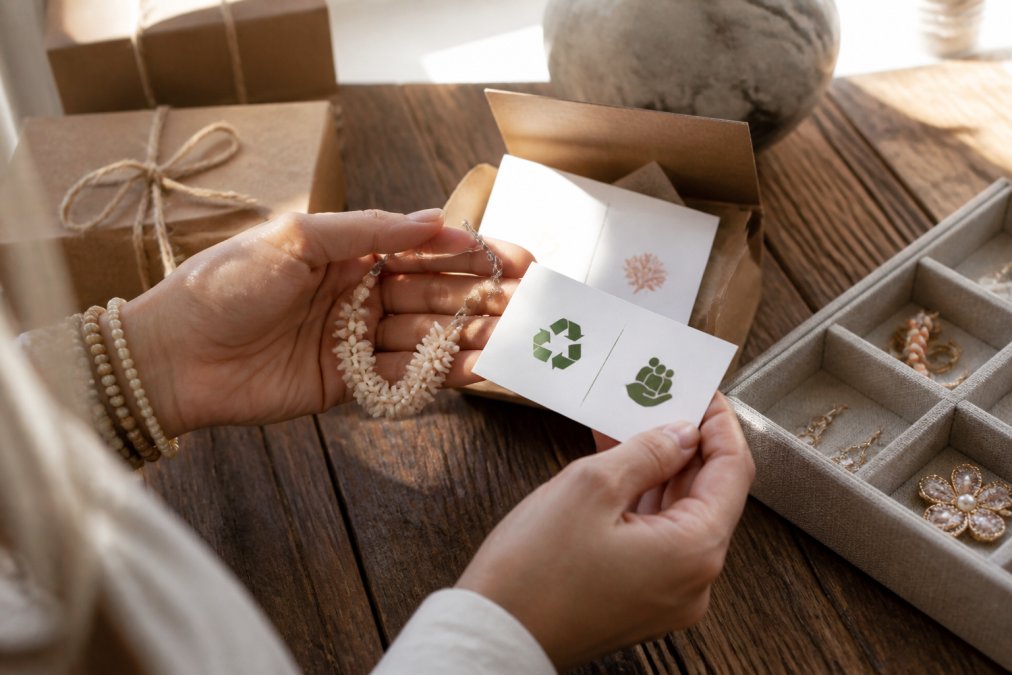 Handen houden een handgemaakt sieraad vast terwijl ze een duurzaamheidscertificaatkaart onderzoeken, met focus op fair trade en recycling-keurmerken in natuurlijk licht