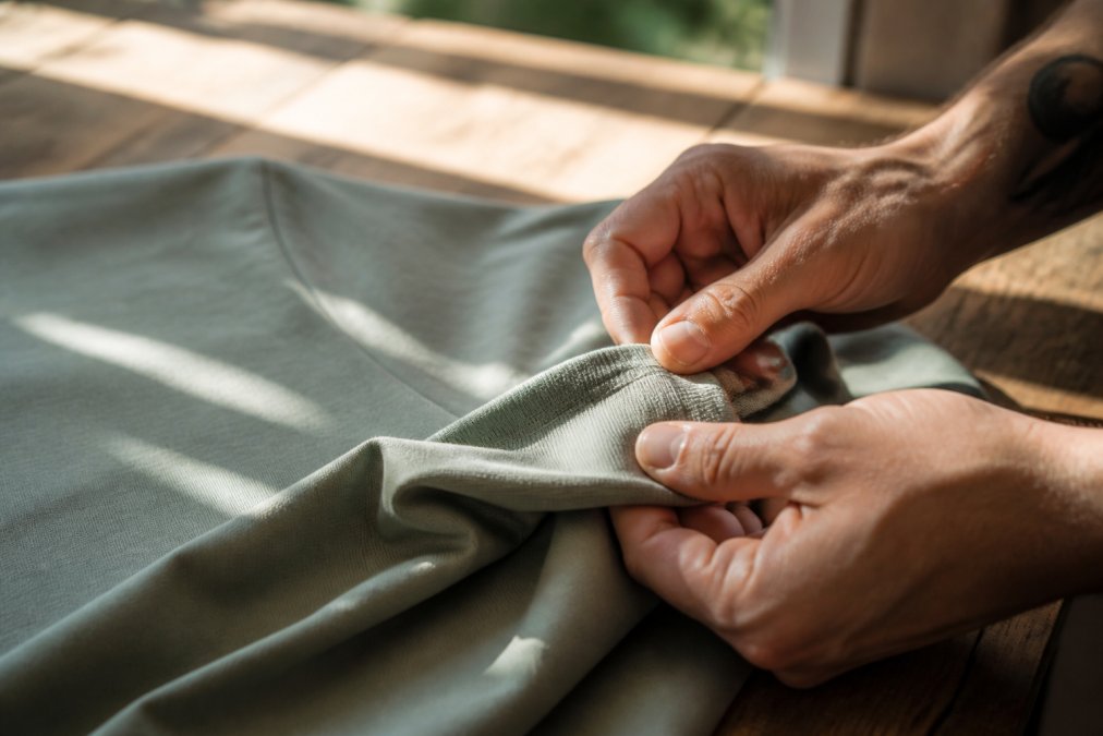 Close-up van handen die voorzichtig de textuur van een biologisch katoenen t-shirt voelen en controleren, met aandacht voor draadkwaliteit en afwerking in natuurlijk licht
