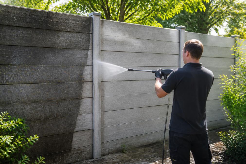 Iemand die een betonnen schuttingpaneel schoonmaakt met een hogedrukspuiter, water spuit tegen het grijze beton in een zonnige tuinomgeving