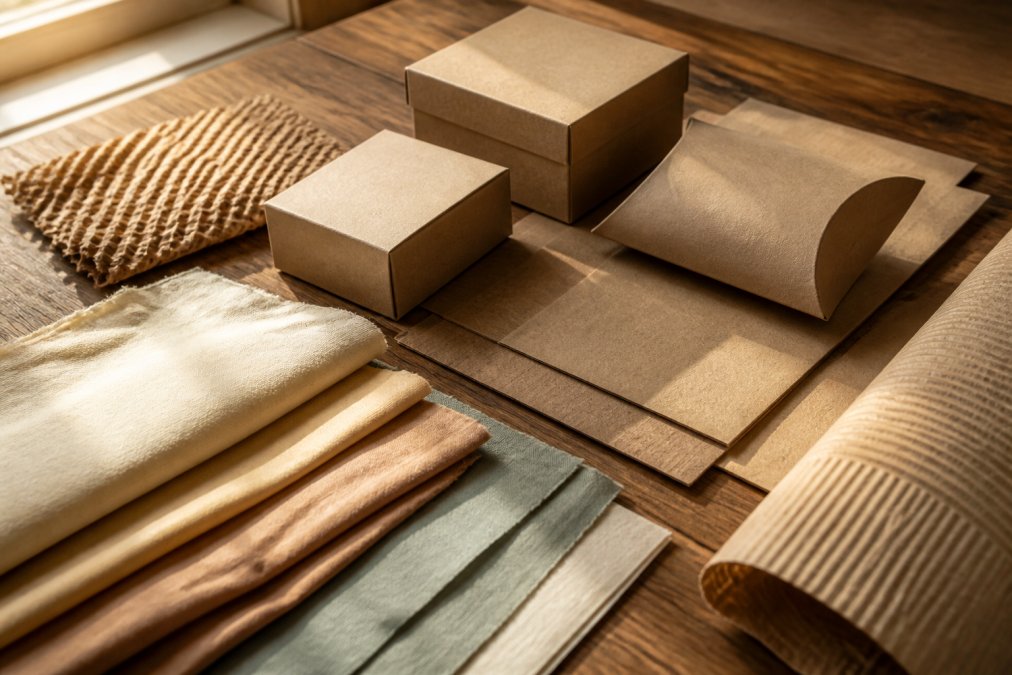 Close-up van diverse verpakkingsmaterialen uitgestald op houten ondergrond: gerecycled karton, kraft papier in verschillende tinten, en natuurlijke zijde, met warme daglicht van links