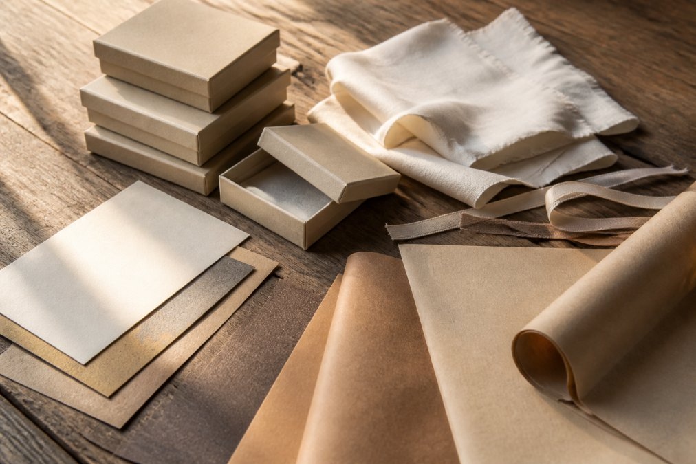Close-up van diverse materialen voor duurzame verpakking sieraden zoals gerecycled karton, kraftpapier en zijde op hout.