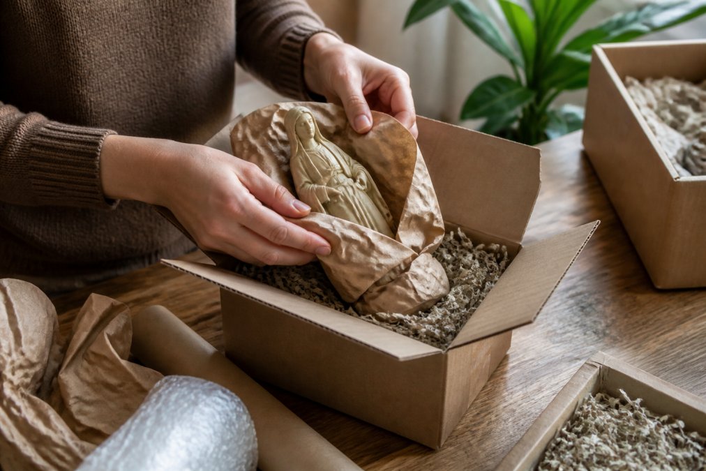 Close-up van handen die een antiek beeldje zorgvuldig inwikkelen met kraftpapier en in een kartonnen doos met gerecycled opvulmateriaal plaatsen, op een houten tafel met natuurlijk zijlicht