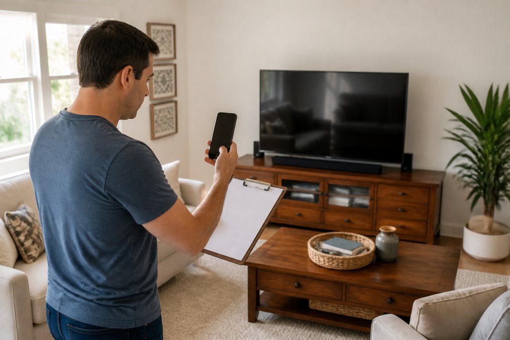 Homeowner using a smartphone and clipboard to document furniture for dwelling coverage inventory.
