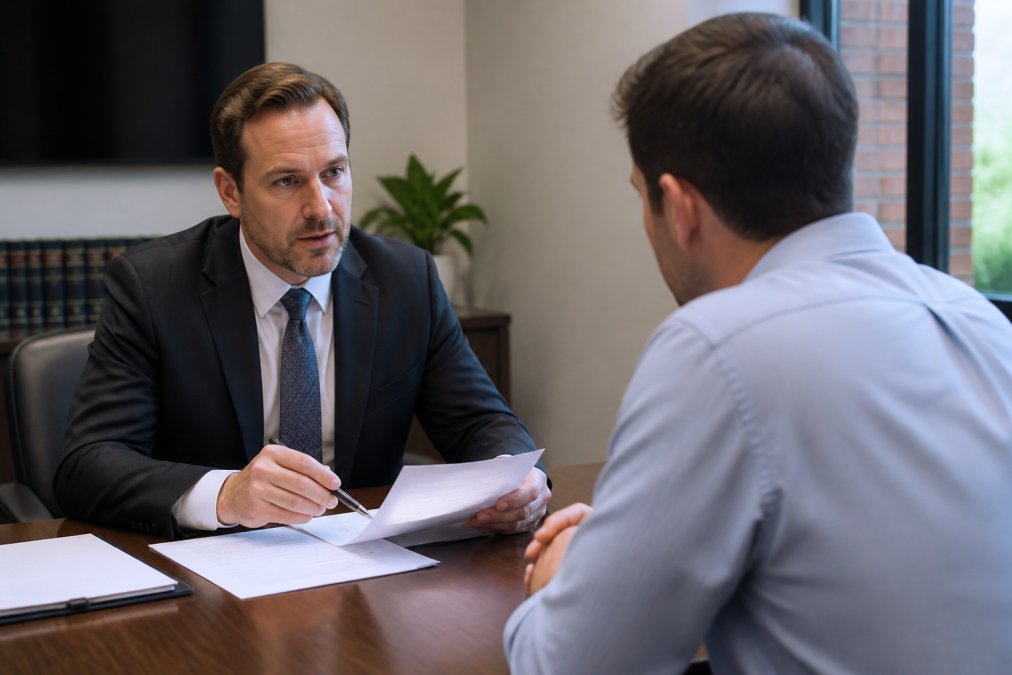 DWI defense lawyer reviewing legal documents with a client at a conference table in a law office