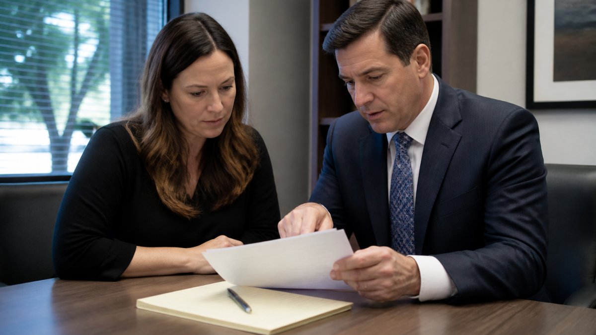 Attorney and client reviewing case documents together at a desk in a modern law office, with notepad and pen visible