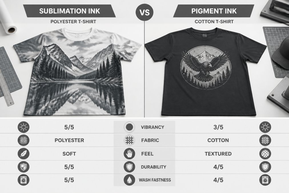 Side-by-side view of two printed t-shirts laid flat on a white worktable, one showing a vivid all-over sublimation print on a white polyester shirt and one showing a pigment-printed graphic on a dark cotton shirt, under even studio lighting