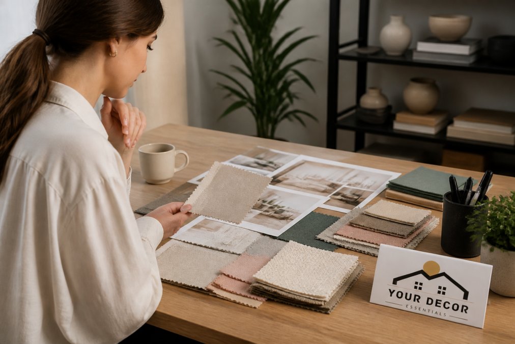 Homeowner browsing home decor on a laptop at a desk, with fabric swatches and design inspiration boards nearby, representing the decision-making process for selecting home decor