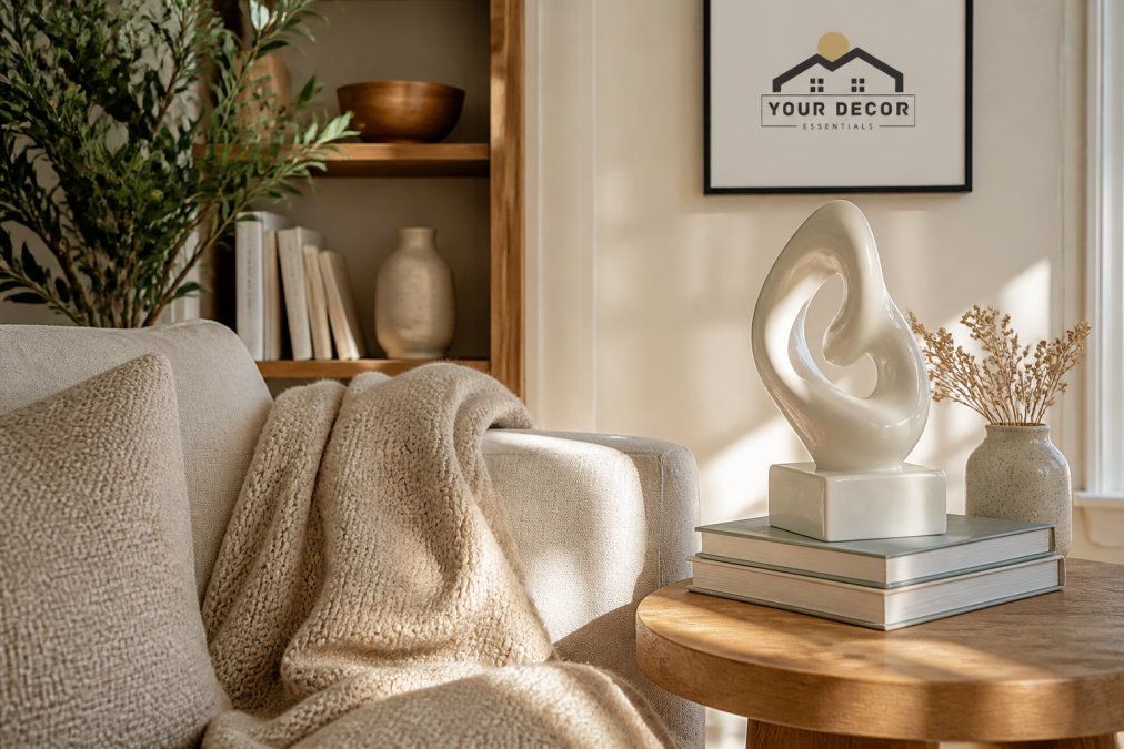 A sunlit living room corner with a neutral sofa, a wooden side table, and an abstract resin sculpture placed on a stack of art books, styled with a textured throw blanket and a small vase of dried flowers