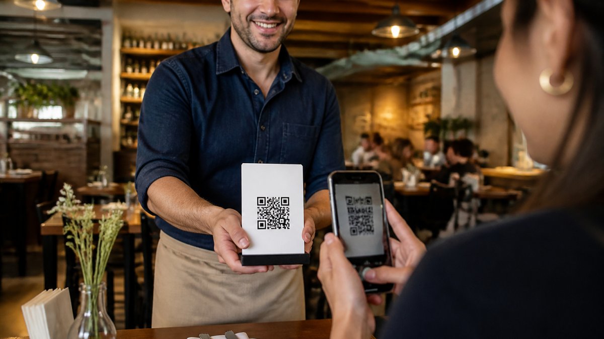 A restaurant owner in a warm-lit dining room holding a printed table tent with a QR code, a customer's phone scanning it in the foreground