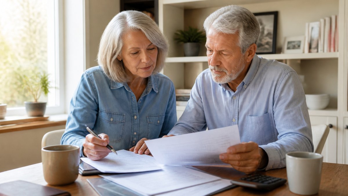 Mature couple reviewing retirement documents and discussing financial strategy at a home office desk with a laptop and coffee, natural afternoon lighting