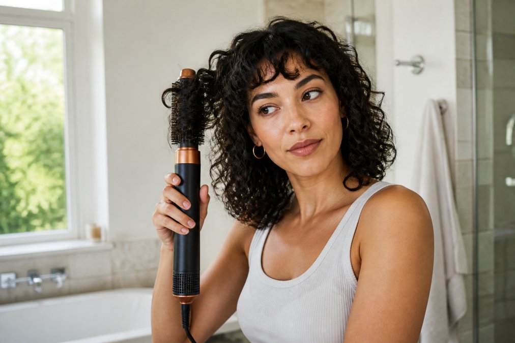 Woman with shoulder-length curly hair using an airwrap alternative to style her curls in a bright bathroom.