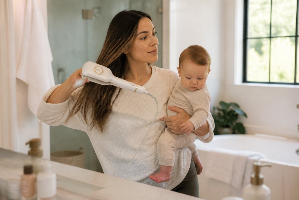 Busy mother getting ready in the morning, using a hair styling tool while multitasking in a home bathroom with natural window lighting