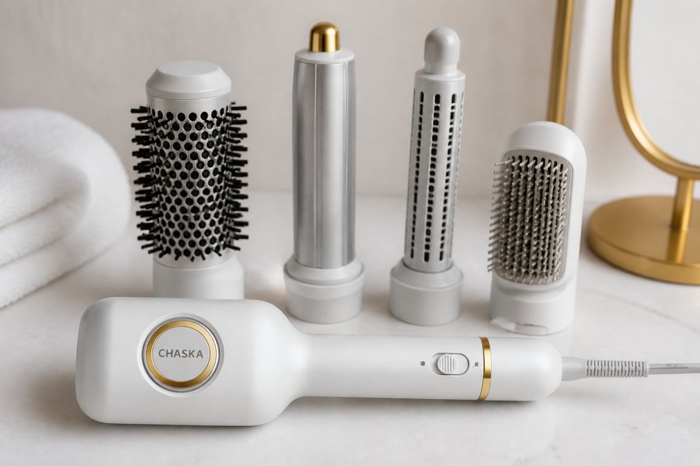 Close-up of multiple hair styling tools with different attachments and barrels arranged together, showing curling barrel, smoothing brush, and volumizing attachments, professional product photography on neutral background