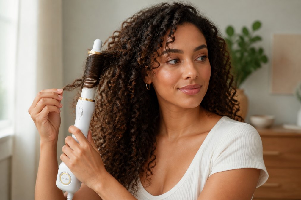 Woman with curly hair using a hair styling tool with barrel attachment, showing the tool working through defined curls with visible volumizing effect and professional salon-quality results
