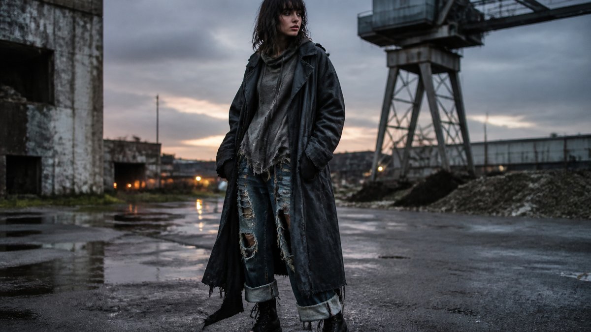 A model wearing a layered dystopian outfit with an oversized long coat, distressed denim, and chunky boots in a moody urban setting at dusk