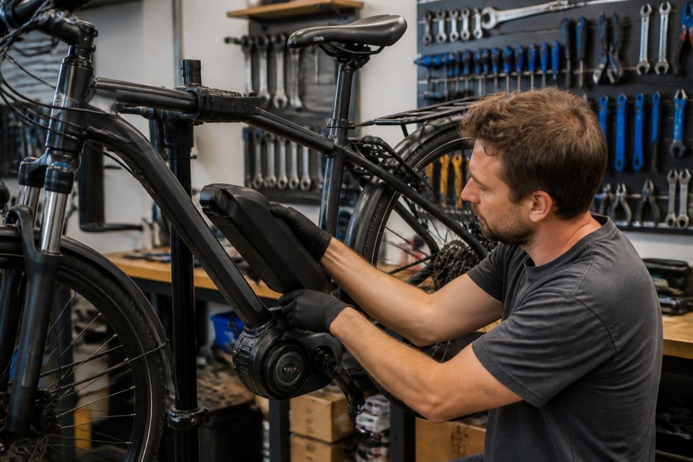Friendly mechanic inspecting an e-bike motor to provide expert local support in a clean repair workshop.