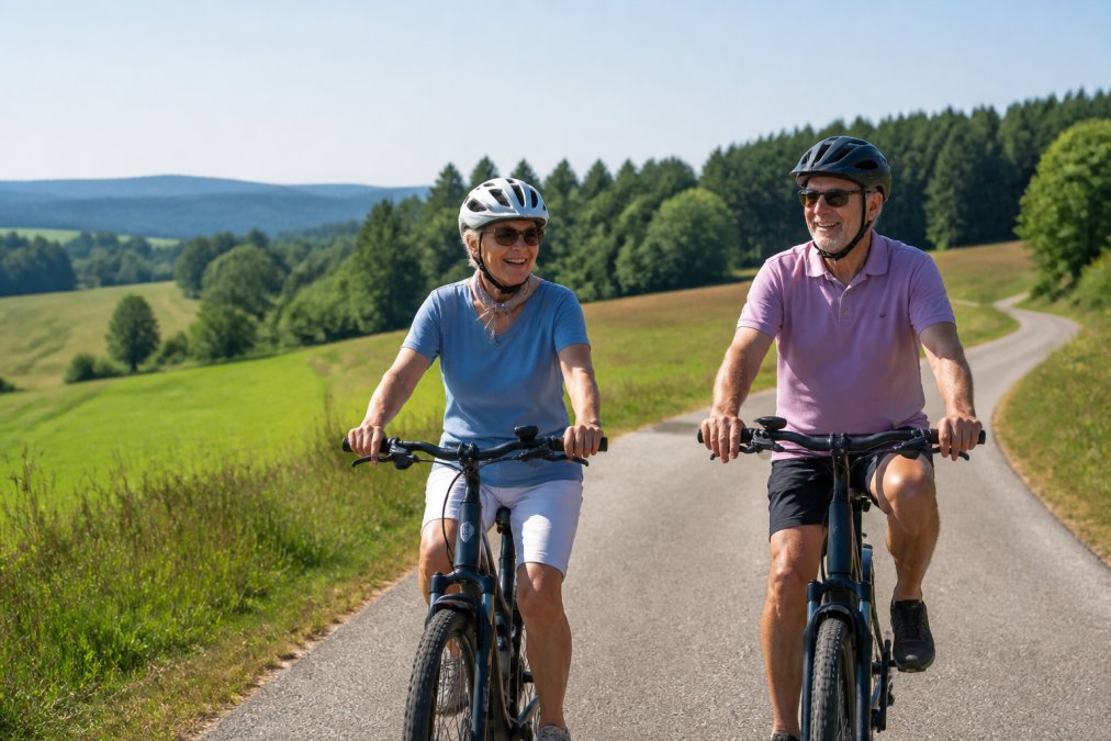 Usmívající se pár seniorů si během dovolené na elektrokolech ve Waldviertelu užívá slunnou kopcovitou krajinu.