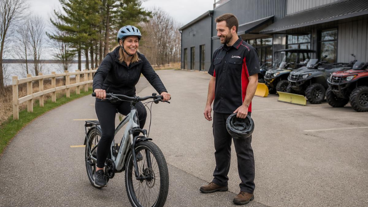 A customer test riding an electric bike on a paved trail near a bike shop, with a staff member watching and holding a helmet