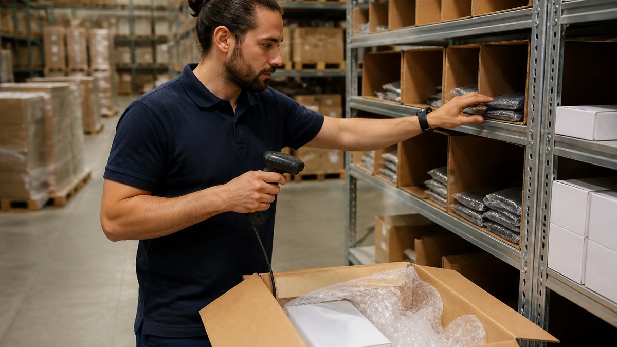 Professional warehouse team member carefully selecting items from organized shelves using a handheld barcode scanner, placing products into a cardboard order box with protective packaging visible