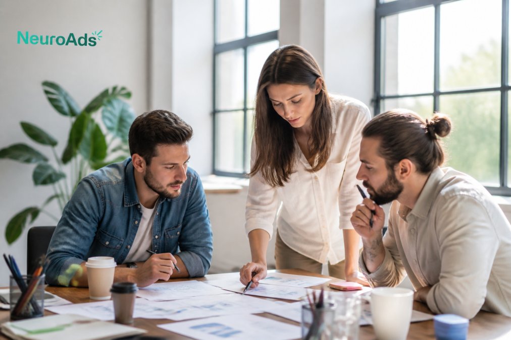 Marketing team members reviewing customer analytics dashboards and journey data on multiple monitors in a modern collaborative workspace with natural window lighting