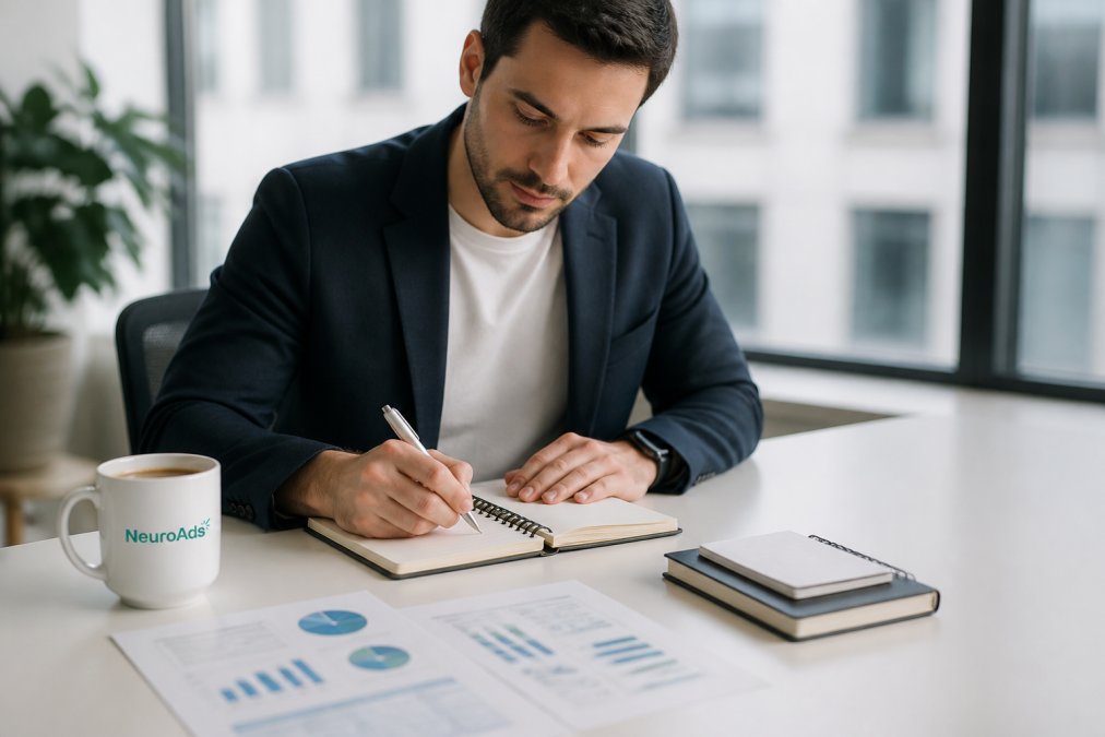 Business professional taking detailed notes and planning strategy with laptop, notepad, and coffee on a clean desk in bright office lighting